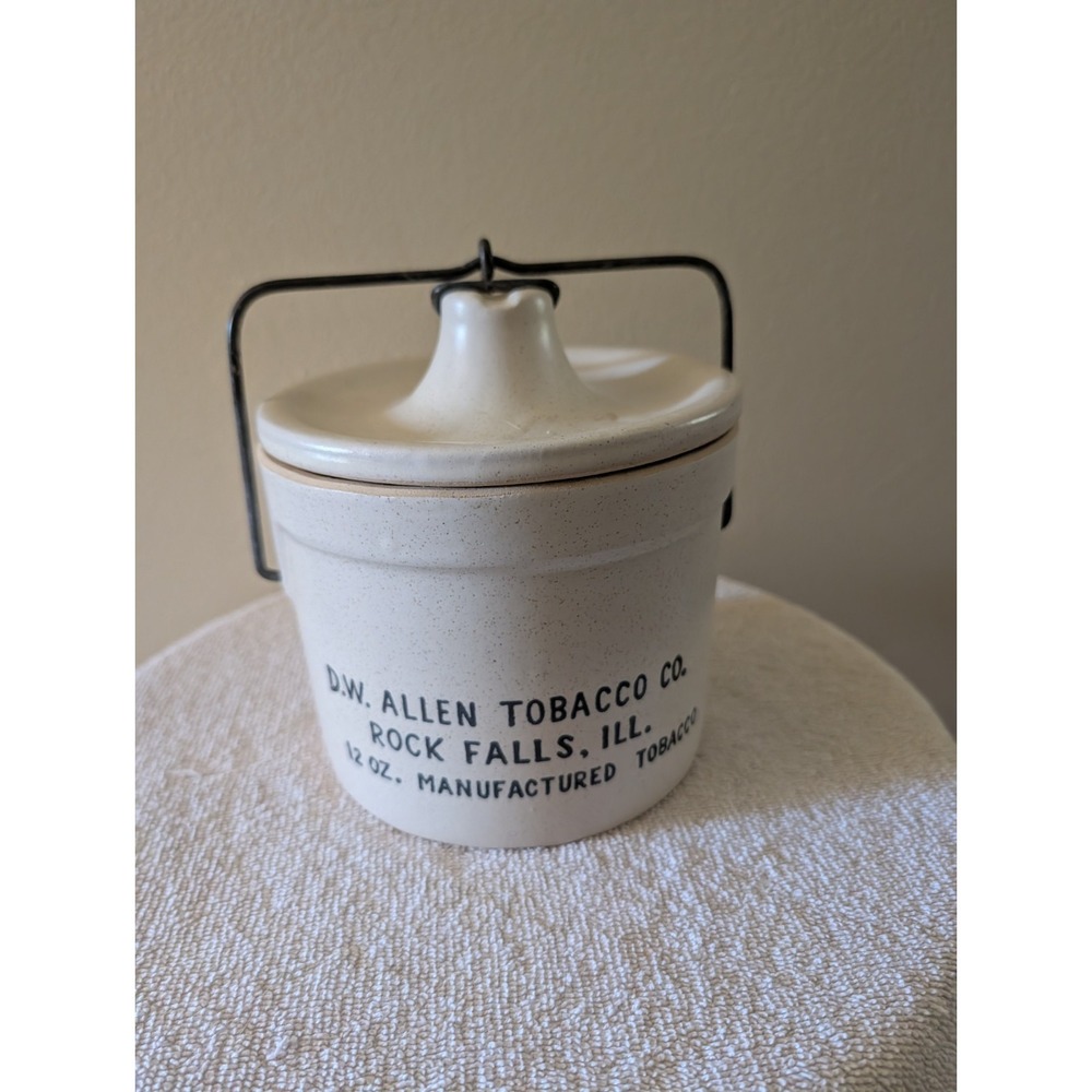 Antique Stoneware Crock with Lid Bail Handle.D.W.Allen Tobacco Rock Falls IL.ADV